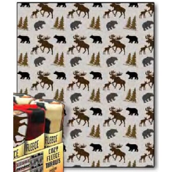 Unbranded Other - New Outdoors Moose Bear Fleece Throw Gift Blanket Reversible Rustic Cabin Decor